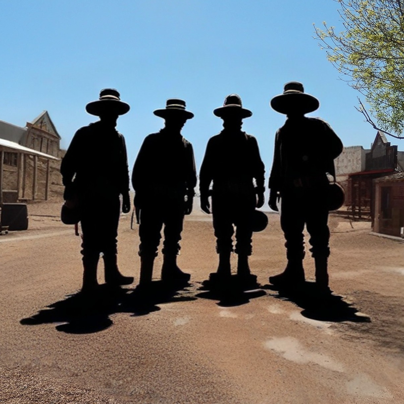 Welcome sign for Tombstone, an 1880's silver mining camp. The image shows a desert town street with old Western-style buildings. In the foreground are silhouettes of four miners carrying tools, walking towards the viewer. The text 'Welcome to Tombstone' is displayed at the top with 'An 1880's Silver Mining Camp' at the bottom.