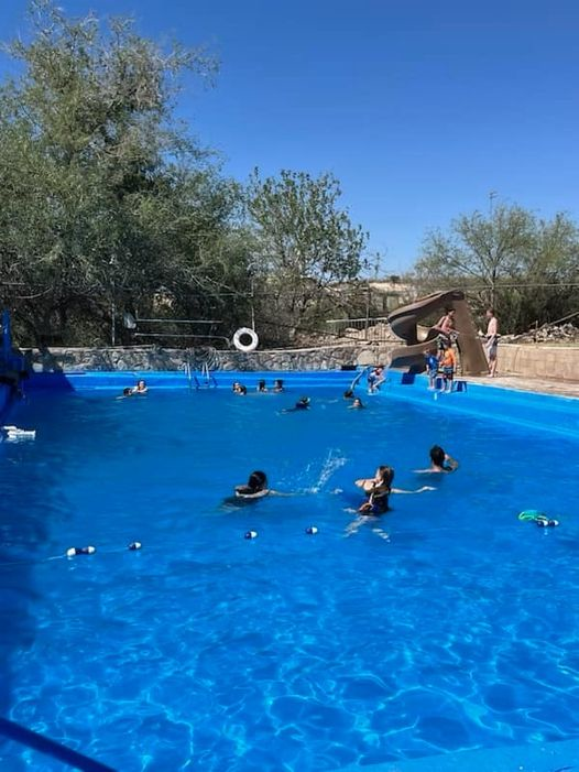 A large outdoor swimming pool filled with bright blue water and numerous swimmers. The pool is surrounded by trees and desert vegetation, suggesting a hot climate. A wooden structure, possibly a slide or diving platform, is visible at one end of the pool. The sky is clear and blue, indicating a sunny day. The scene depicts a popular recreational area in Tombstone.